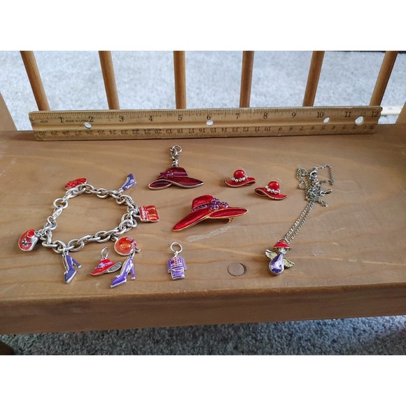 Mixed Lot Red Hat Society Jewelry Necklace Brooch Costume Stud Angel Charms Rhin - Picture 6 of 6